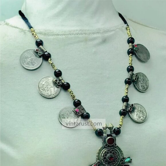 Vintage Kuchi Afghan Pendant Necklace: Beaded Coins, Tribal Jewelry - Picture 5 of 10